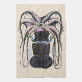 タコまたはジャンボイカ、ビンテージ海洋生物動物 キッチンタオル