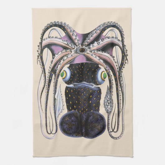 タコまたはジャンボイカ、ビンテージ海洋生物動物 キッチンタオル (縦)