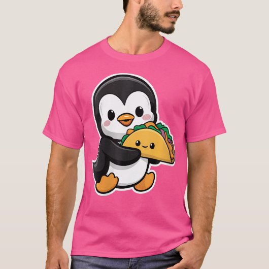 タコを持った面白いペンギンの可愛いカワイイ食品ペン Tシャツ (正面)