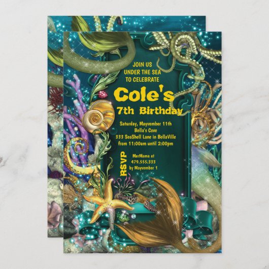 タコアンダーザシーマーメイドパーティー招待状 招待状 (正面/裏面)