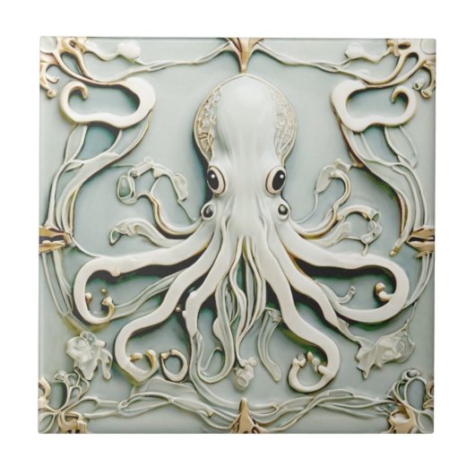 タコアールヌーボーフェイクレリーフ、 浮き彫りアンティークミント タイル (正面)