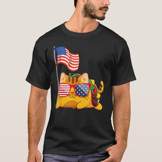タコカットサングラスおもしろいアメリカ国旗7月4日 Tシャツ (正面)