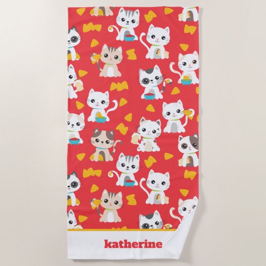 タコカット・ブリトさんとタコの猫が可愛パーソナライズされたい ビーチタオル (正面)