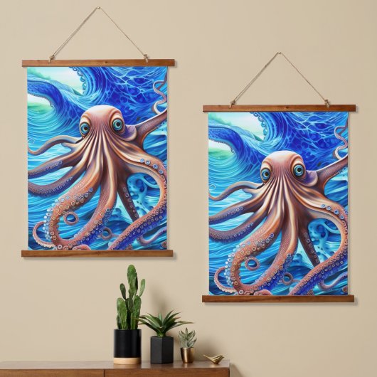 タコカラフルブルー海波現実主義 吊り下げ型タペストリー (非対称)