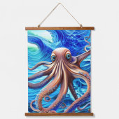 タコカラフルブルー海波現実主義 吊り下げ型タペストリー (正面2)