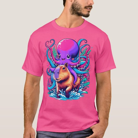 タコキャピバラおもしろい恋人タコ乗りキャピバ Tシャツ (正面)