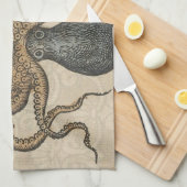 タコクラーケンヴィンテージイラストレーション キッチンタオル (四つ折り)