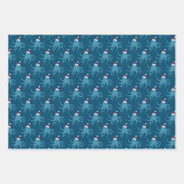 タコサンタハットブルーホリデーアニマルクリスマス ラッピングペーパーシート