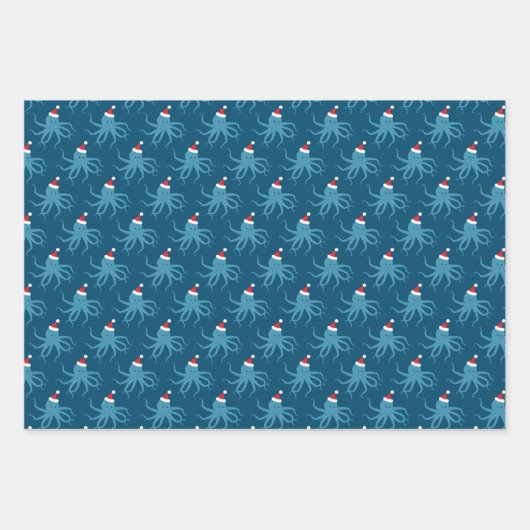 タコサンタハットブルーホリデーアニマルクリスマス ラッピングペーパーシート (正面)