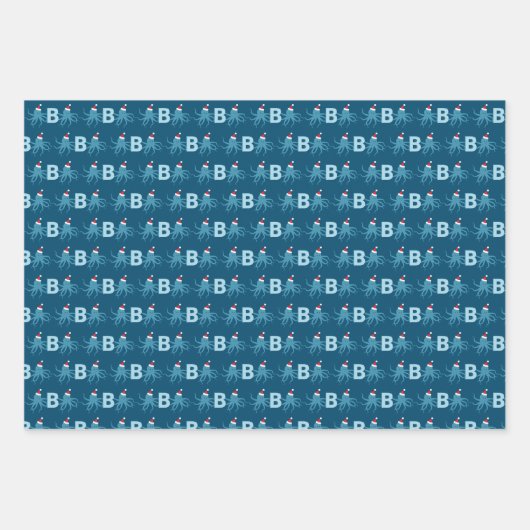 タコサンタハット動物モノグラムクリスマス ラッピングペーパーシート (正面3)