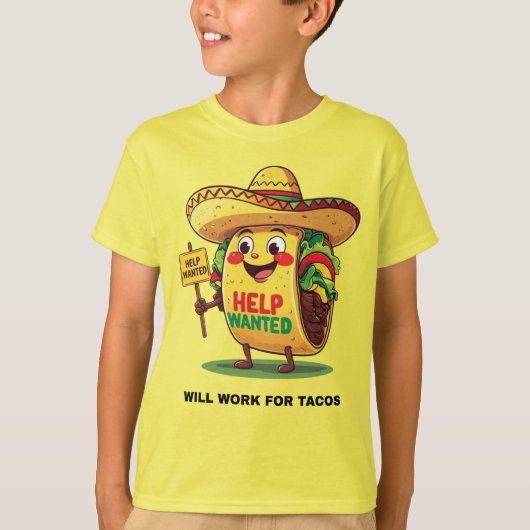 タコスくれりゃ働きます – 面白いキャラクター食品のTシャツ Tシャツ (正面)