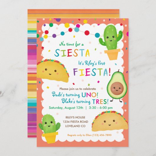 タコスとダブルフィエスタ誕生日パーティーの招待 招待状 (正面/裏面)