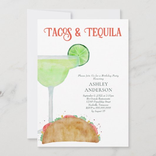 タコスとテキーラのマルガリータ誕生日パーティー 招待状 (正面)