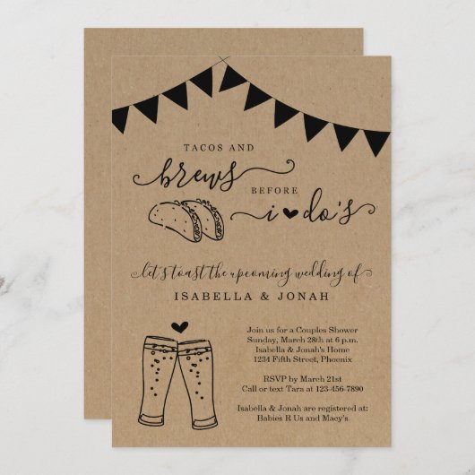 タコスとブリュース私のカップルのブライダルシャワー 招待状 (正面/裏面)