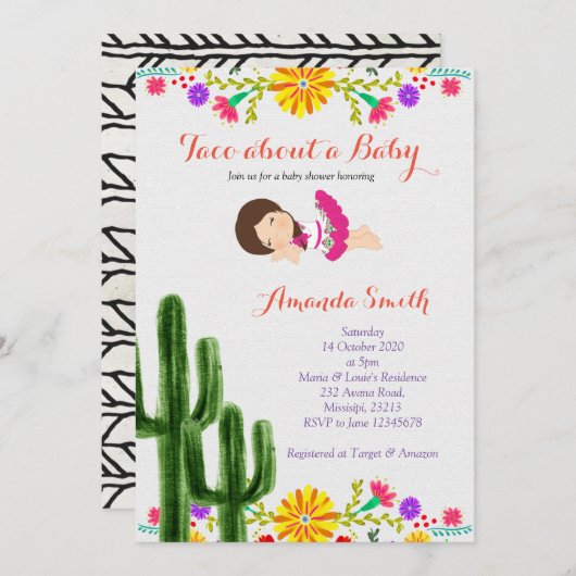 タコスの一続きの女の赤ちゃんのサボテンのベビーシャワーの招待 招待状 (正面/裏面)