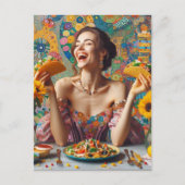 タコスの付いた非常に幸せな女性 ポストカード (正面)