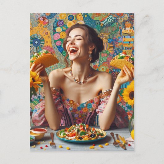 タコスの付いた非常に幸せな女性 ポストカード (正面)
