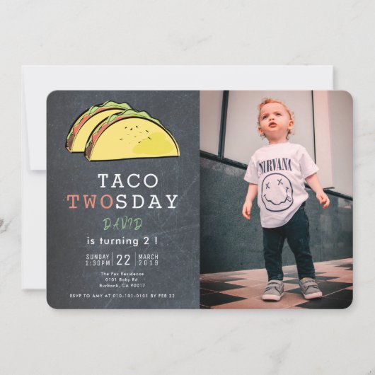 タコスのTwosday火曜日の黒板の写真の第2誕生日 招待状 (正面)