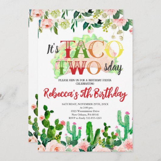 タコスはフィエスタ誕生日、タコスは2歳 招待状 (正面/裏面)