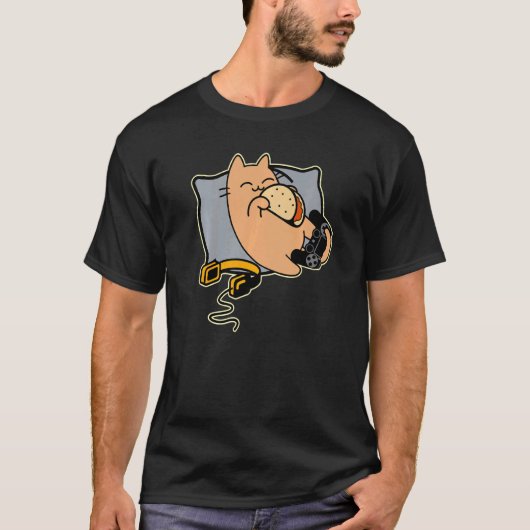 タコスを食べる幸せなゲーマー猫 ゲーム一時停止中 Tシャツ (正面)