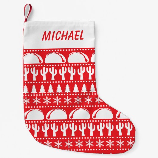 タコスパターン(の模様が)ある醜いクリスマスセーター赤 スモールクリスマスストッキング (正面)