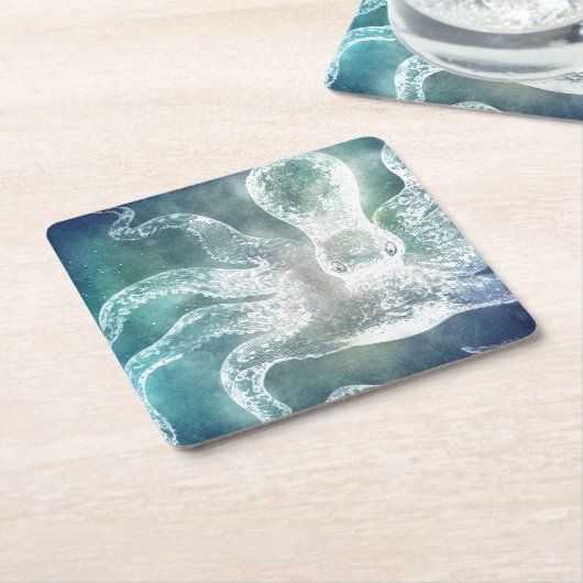 タコスミッドナイトブルーティール（緑がかった色）水彩ヴィンテージアート スクエアペーパーコースター (アングル)