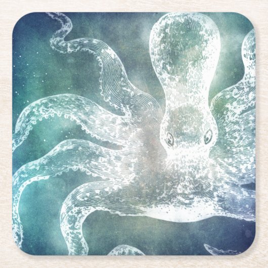 タコスミッドナイトブルーティール（緑がかった色）水彩ヴィンテージアート スクエアペーパーコースター (正面)