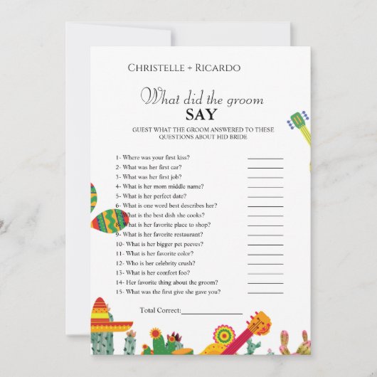 タコス新郎新婦トリビアブライダルシャワーゲームカード 案内状 (正面)