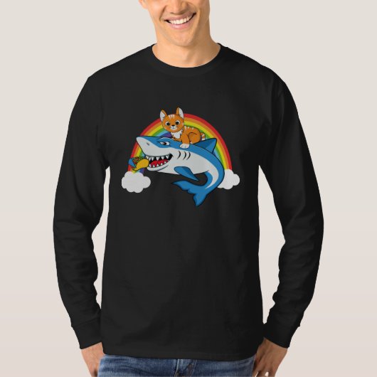 タコス用の虹と一緒にサメを食べる猫 Tシャツ (正面)