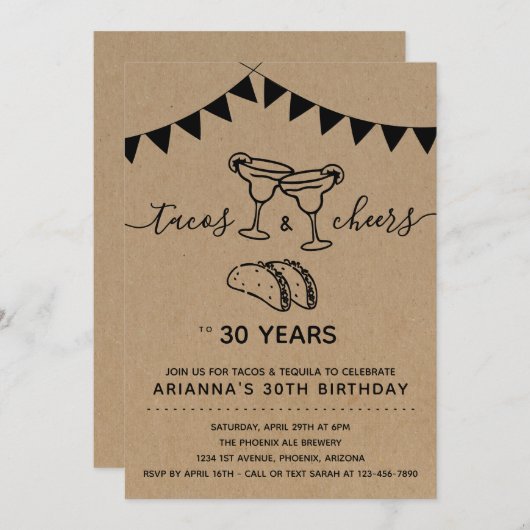 タコス&テキラマルガリータ誕生日パーティー – 任意の年齢 招待状 (正面/裏面)