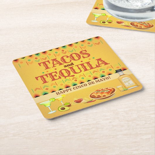 タコス&テキーラシンコデマヨフィエスタパーティー スクエアペーパーコースター (アングル)
