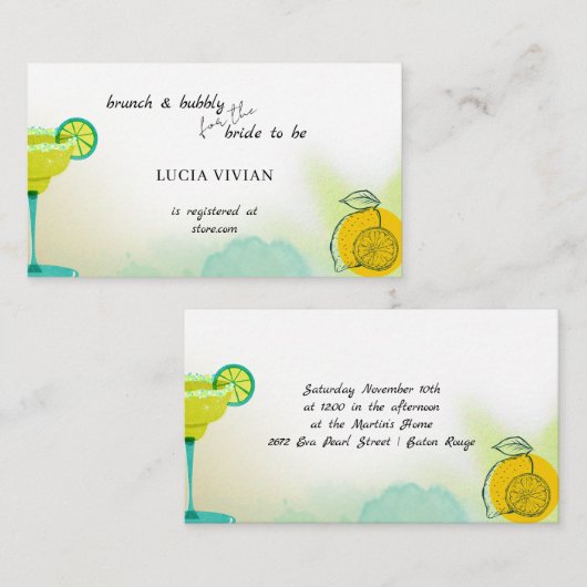 タコス&テキーラ水カラーブライダルシャワーレジストリ エンクロージャーカード (正面/裏面)