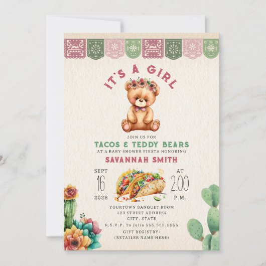 タコス&テディベアズガールベビーシャワーフェスタ 招待状 (正面)
