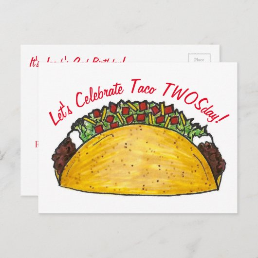 タコツーズデー火曜日2歳誕生日パーティーフィエスタ インビテーションポストカード (正面/裏面)
