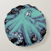 タコティール(緑がかった色)ヴィンテージマップインク ラウンドクッション (裏面)