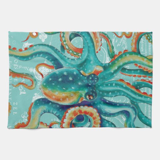 タコティール(緑がかった色)ヴィンテージマップウォーターカラー キッチンタオル (横)