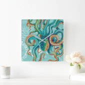 タコティール(緑がかった色)ヴィンテージマップウォーターカラー スクエア壁時計 (ホーム)