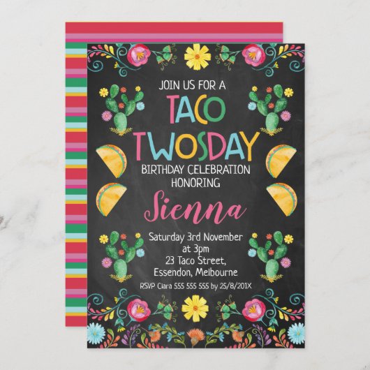 タコトゥオスデーメキシコ2歳誕生日招待状 招待状 (正面/裏面)