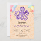 タコバルーンピーチバブル子供の誕生日 招待状 (正面)