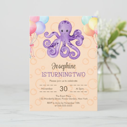 タコバルーンピーチバブル子供の誕生日 招待状 (スタンド正面)