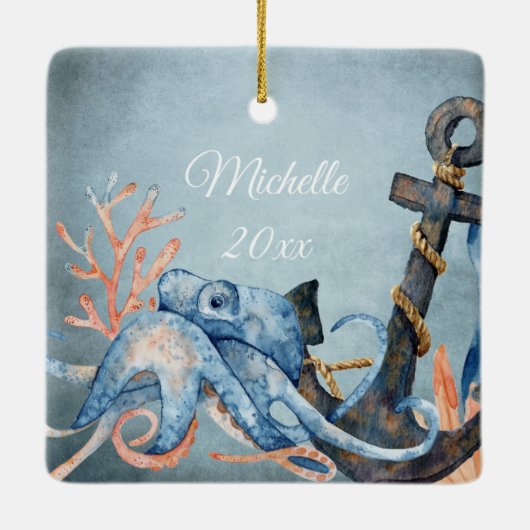 タコパーソナライズされたといかりのクリ航海のスマス セラミックオーナメント (裏面)