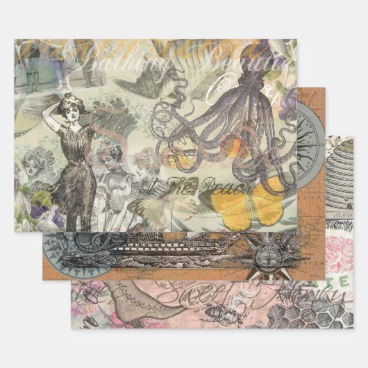 タコビーチアンティークコースタルパンク ラッピングペーパーシート (セット)