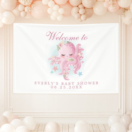 タコピンクの水の色の女の子の赤ちゃんシャワーへようこそ 横断幕