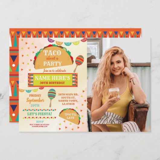 タコフィエスタ誕生日パーティメキシコブライト写真 招待状 (正面/裏面)