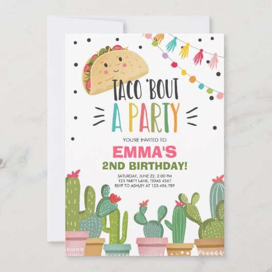 タコブアパーティーガールピンクフィエスタ誕生日サボテン 招待状 (正面)