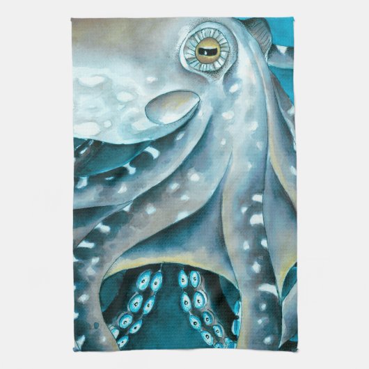 タコブルーウォーターカラー詳細 キッチンタオル (縦)