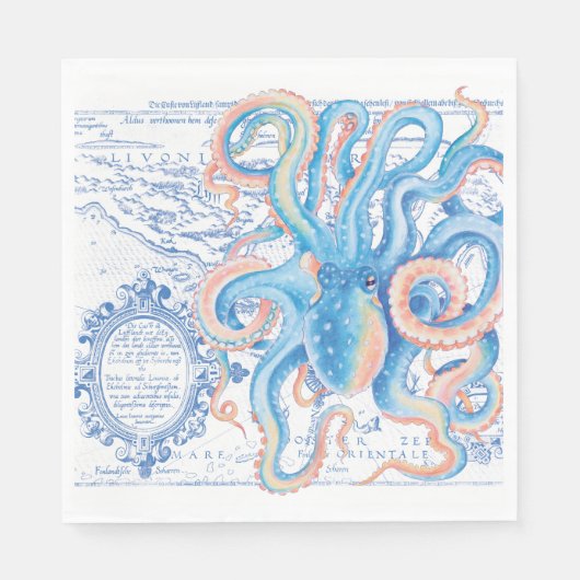 タコブルーヴィンテージマップシックウォーターカラー スタンダードランチョンナプキン (正面)