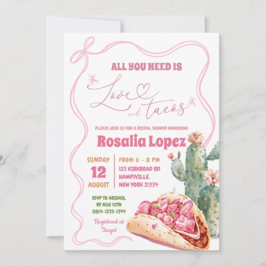 タコブロブラブピンクボウメキシコブライダルシャワー 招待状 (正面)