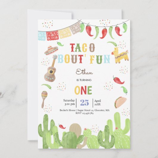 タコブート'おもしろいフィエスタメキシコの最初の誕生日 招待状 (正面)