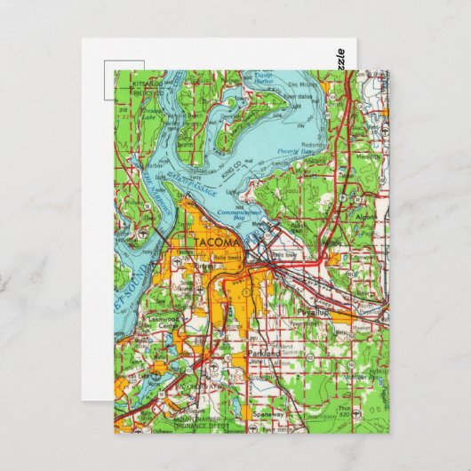 タコマワシントンヴィンテージの地図 ポストカード (正面/裏面)